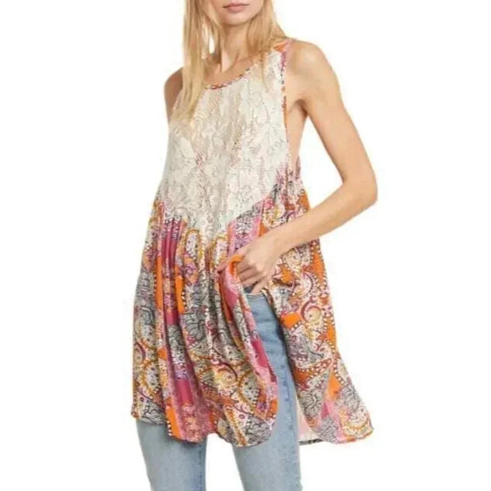 FREE PEOPLE Pink Floral Count Me In Trapeze Tank